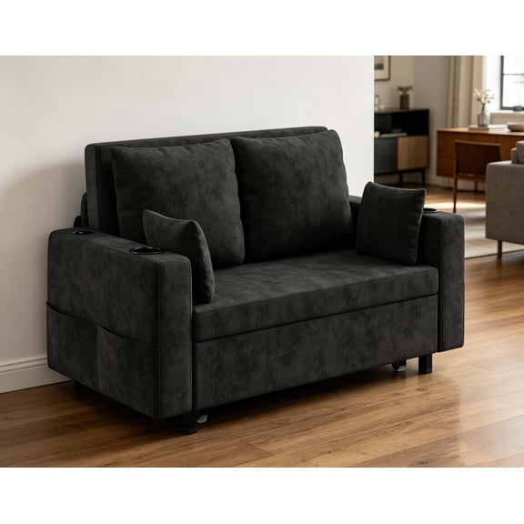 Anoncndin 56" Corduroy Couch with Pull Out Bed, 2-Seater Sleeper Couch Loveseat Sleeper Sofa with Cup Holders, USB, Side Pockets, Multi-Function Couch Bed for Living Room, Apartment