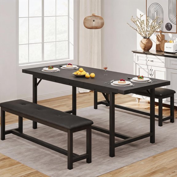 Anoncndin 63" Extendable Dining Table Set For 4-6, Kitchen Table With 2 Upholstered Benches, Space-Saving,Kitchen Table With Bench,Small Dining Table For Small Space,Dinner Room Table Set For 6