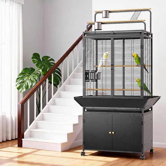 Anoncndin 71" Rolling Bird Cage with Play Top,Escape-Proof, Removable Tray, Storage Cabinet & Wheels,Indoor/Outdoor Corner Flight Birdcage,Heavy Duty Flight Cage for Parrots, Macaws