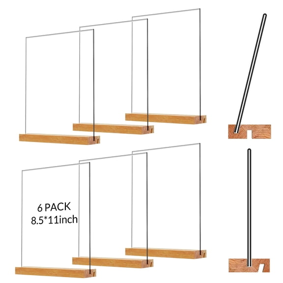 Anoncndin Acrylic Sign Holder with Wood Base – Double Sided Clear Display Stand for Tabletop Menu, Flyer, Picture – Perfect for Office, Restaurant, Store, Hotel, Events – 8.5x11 Inch, 6 Pack