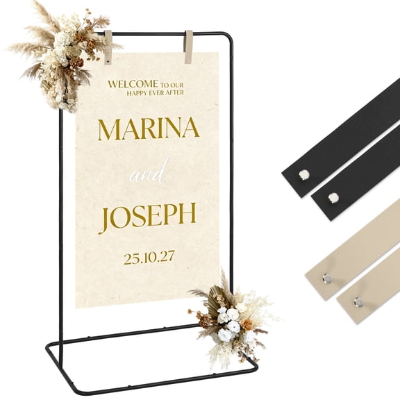 Anoncndin Adjustable Metal Display Stand for Weddings and Events - 50/68 Inch Easel with 4 Faux Leather Straps - Portable Hanging Sign Holder - Ideal for Parties, Baby Showers, Receptions, Seating