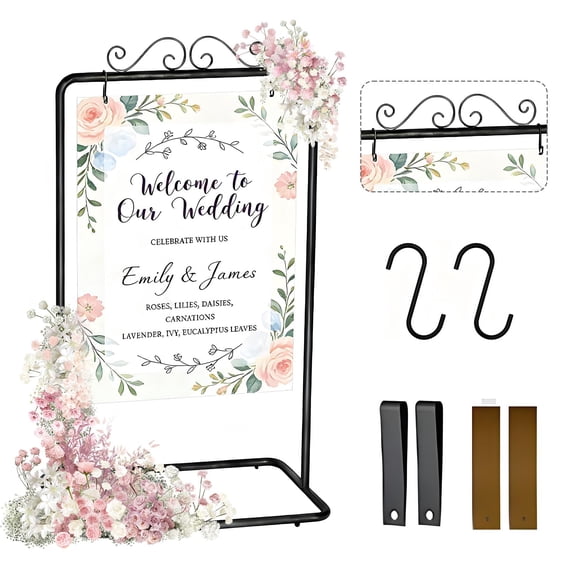 Anoncndin Adjustable Metal Welcome Sign Stand,Weather-Resistant Display Rack,54" & 69" Heights, Leather Straps, Ideal for Wedding, Birthday, Party, Guest Book, Photo,Easy Assembly