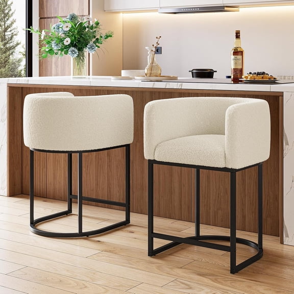 Anoncndin Bar Stools Set of 2 with Lambswool Cushioned Seats,Modern Upholstered Counter Height Bar Stools with Backrest and Arms,Barrel Counter Stools,Accent Barstools for Kitchen Island,Bar