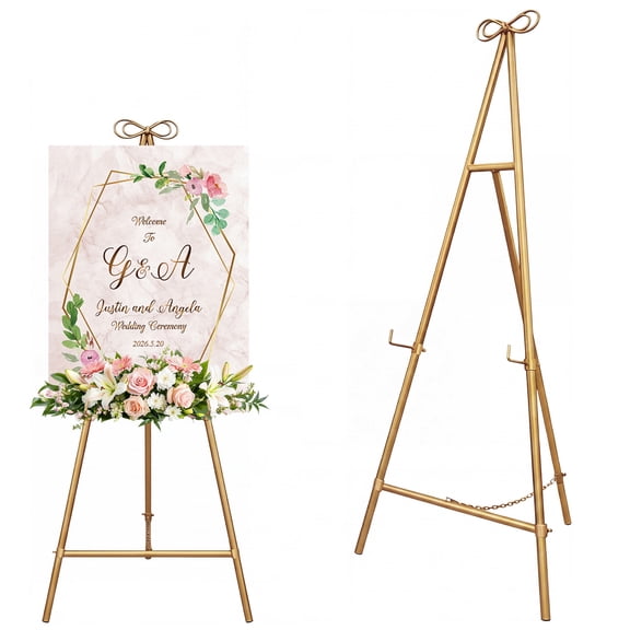 Anoncndin Bow Metal Easel Stand for Sign, Adjustable Easel Display Stand, Heavy Duty Wedding Welcome Sign Easel Stand Holds Up to 40lbs, for Wedding, Art & Party Decor