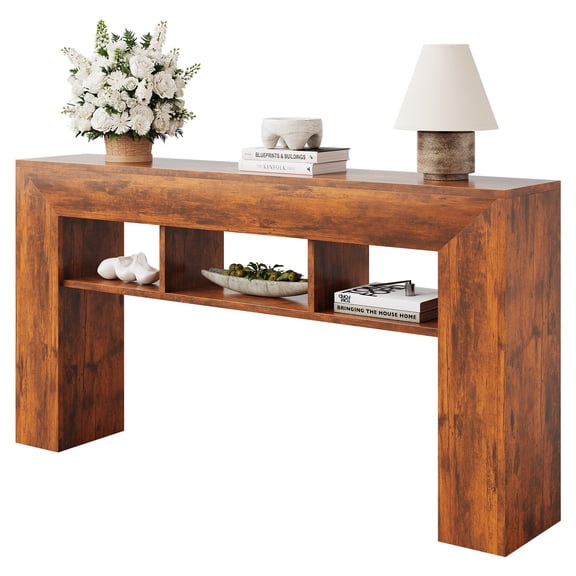 Anoncndin Farmhouse Console Table – 63" Extra Long Sofa Table with 3 Open Storage Shelves – Thick Waterproof Wooden Entryway Furniture – Sturdy, Light Brown