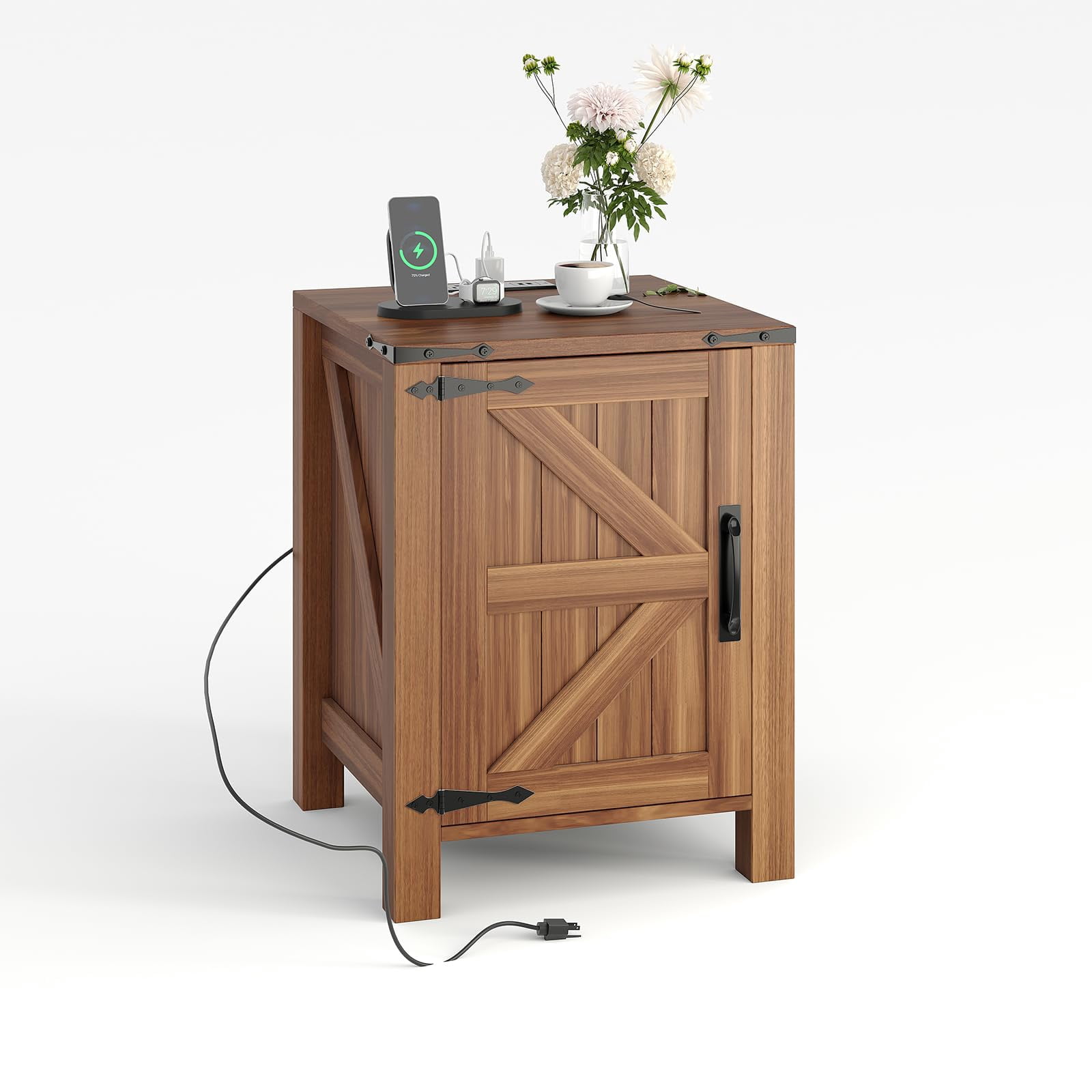 Rustic Java Wood Side Table Anoncndin Farmhouse Nightstand with Charging Station, Wood Side Table ...