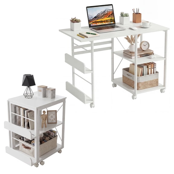 Anoncndin Folding Computer Desk with Wheels, Space-Saving Mobile Home Office Writing Table - Storage Shelf, Side Organizer, Locking Rolling Casters - Small Spaces, Color: White (US line)