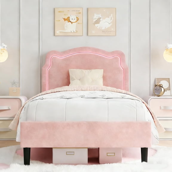 Anoncndin Led Twin Bed Frames, Velvet Princess Platform Bed Frame with RGB Headboard Lights, Upholstered Bed Frame with Wood Slats, Easy Assembly, No Box Spring