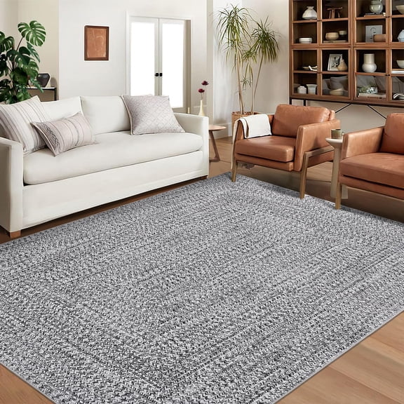Anoncndin Machine Washable Area Rug 4x6ft – Braided Print, Spot Resistant, Non-Slip Low Pile Carpet for Living Room, Bedroom, Office, Farmhouse Neutral Decor – Color: Grey, USA