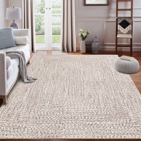 Anoncndin Machine Washable Braided Area Rug 4x6ft – Spot Resistant, Non-Slip Low Pile Carpet, Modern Neutral Print, Soft Collapsible Floor Cover for Living Room, Bedroom, Office – Color: Beige, USA