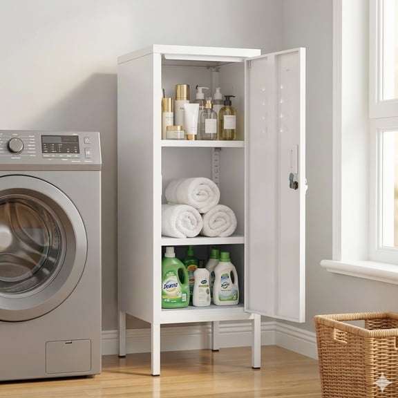 Anoncndin Metal Locker Storage Cabinet, Narrow Slim Tall Locking Cabinet with 2 Removable Shelves & Ventilation Holes, Locker Cabinets for Bathroom/Kitchen/Pantry/Office White
