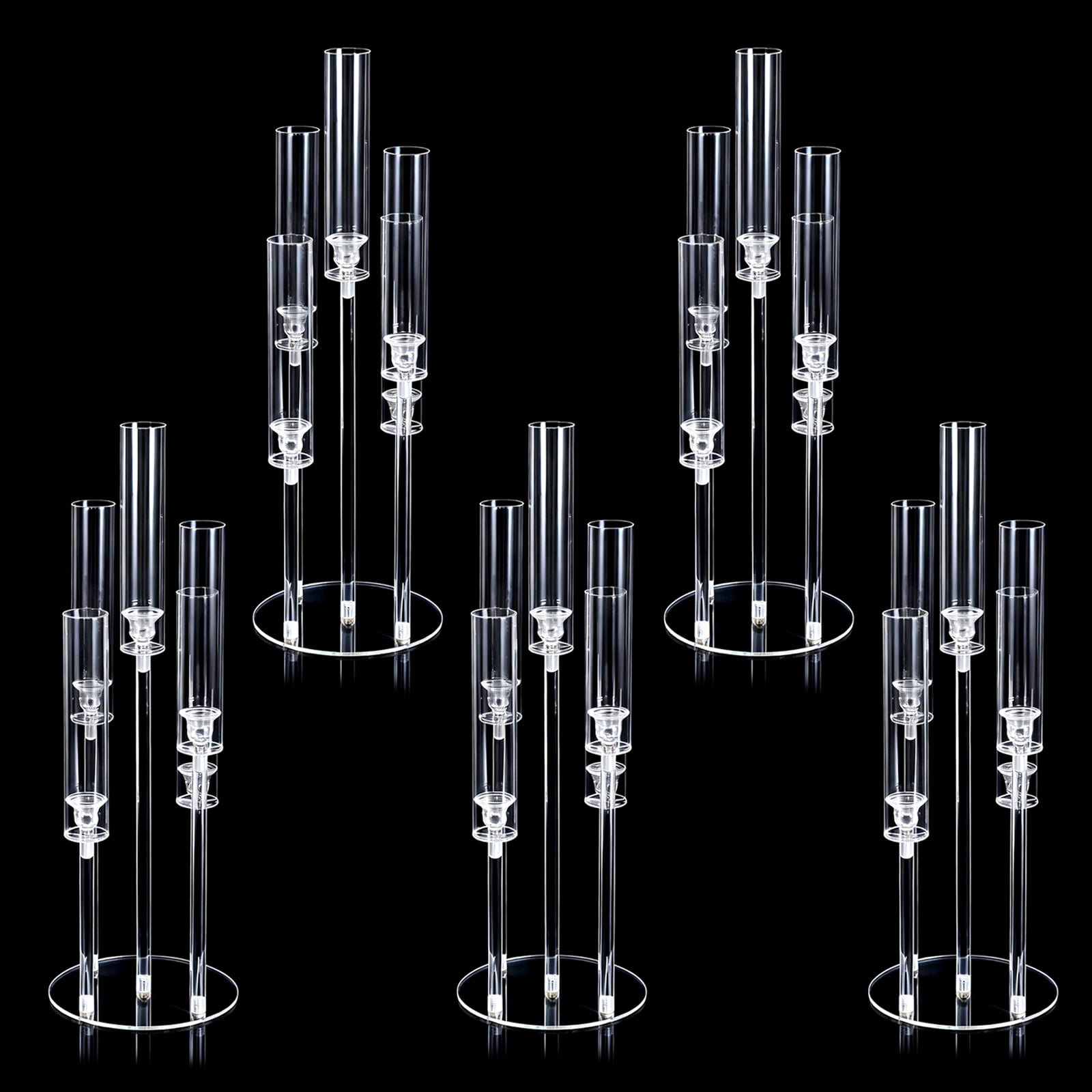 Anoncndin Modern 5-Arm Clear Acrylic Candelabra Centerpiece – 89cm Tall Crystal Candle Holder with Glass Chimneys & LED Taper Candles – Elegant Table Decor for Weddings, Dining Room, Parties –