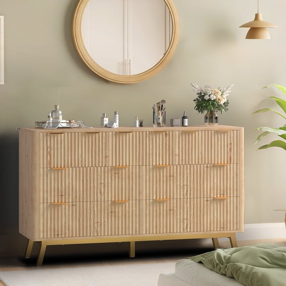 Anoncndin Modern Fluted 7 Drawer Dresser - Wavy Front Wooden Chest with abrasion-Resistant Golden Handles, Iron Frame Base, Large Storage Organizer for Bedroom, Living Room, Entryway - Light Oak