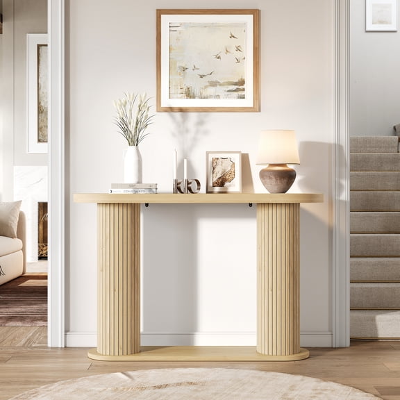 Anoncndin Modern Fluted Console Table 42.5" – Narrow Entryway Sofa Table with Storage Shelf – Oval Living Room Hallway Foyer Furniture – Easy Assembly – Natural Wood Color