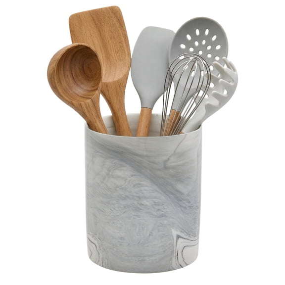 Anoncndin Modern Marble Gray Ceramic Utensil Holder - Large 6.16.89" Cylindrical Kitchen Crock - Weighted Multi-Purpose Organizer for Spatulas, Whisks, Wine Chiller, Glazed Storage - Color: Gray