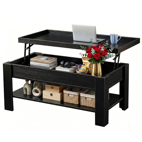 Anoncndin Modern Space-Saving Lift Top Coffee Table - Large Hidden Storage Compartment - Open Shelf - Multifunctional Hydraulic Rising Desk for Living Room or Apartment, Black
