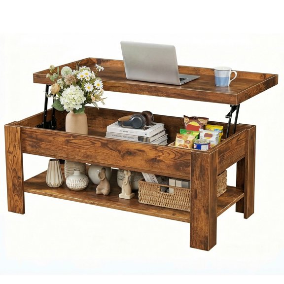 Anoncndin Modern Space-Saving Lift Top Coffee Table - Large Hidden Storage - Open Shelf - Hydraulic Rising Mechanism - Ideal for Living Room, Apartment, or Home Office, Wood Color