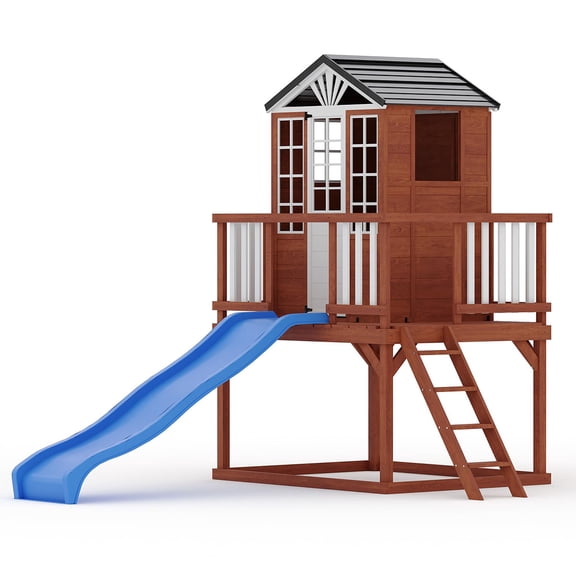 Anoncndin Outdoor Wooden Playhouse, Modern Cedar Playhouse, Garden Games Cottage, Country Style Cedar with Slide, Ladder, Climbing Wall, Windows, Picnic Table and Bench(ship in 2 boxes)
