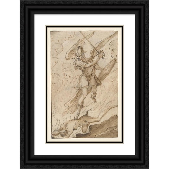 Anonymous 11x14 Black Ornate Wood Framed Double Matted Museum Art Print Titled: Saint Michael Vanquishing The Devil
