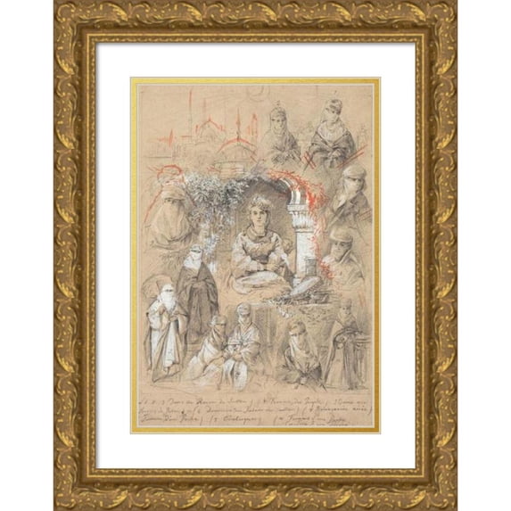 Anonymous 11x14 Gold Ornate Wood Frame and Double Matted Museum Art Print Titled - Harem Women (1800s)