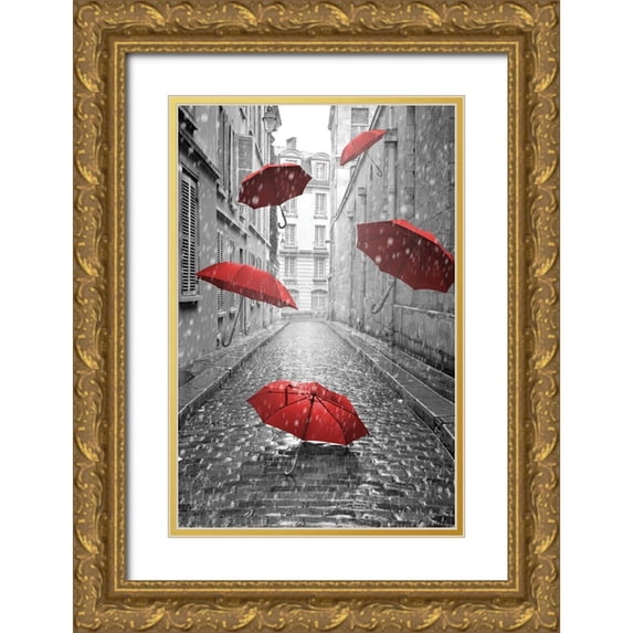 Anonymous 11x14 Gold Ornate Wood Framed with Double Matting Museum Art Print Titled - Floating Umbrellas