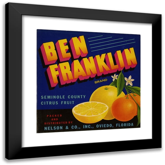 Anonymous 12x12 Black Modern Framed Museum Art Print Titled - Ben Franklin Brand Citrus Label (1930-1950)