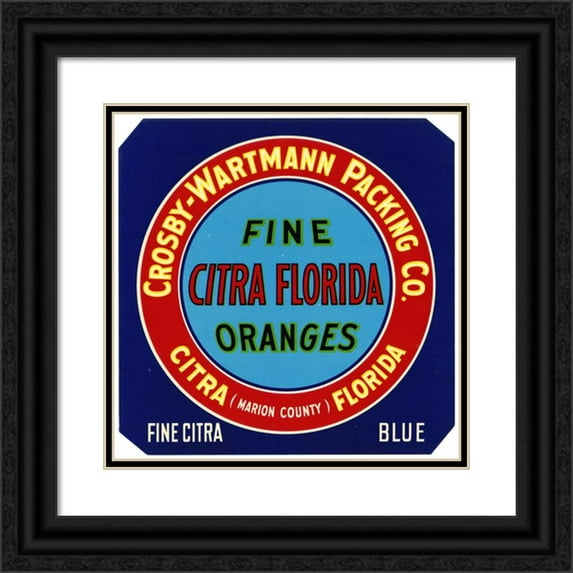 Anonymous 12x12 Black Ornate Wood Framed Double Matted Museum Art Print Titled: Label for Fine Citra Oranges - Blue (1930-1950)