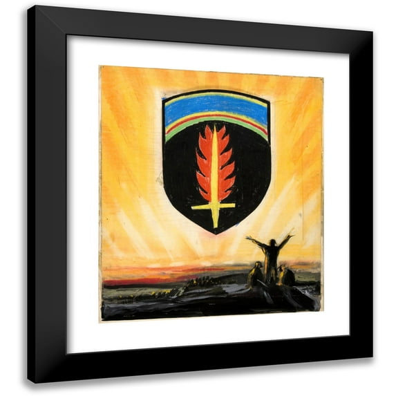 Anonymous 12x14 Black Modern Framed Museum Art Print Titled - Shield with Flaming Sword on Golden Sky Background; in Foreground, Group of Figures (1939-1946)