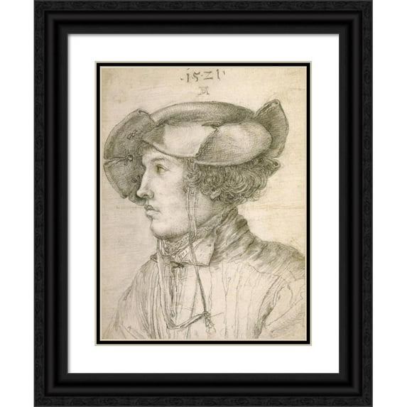 Anonymous 12x14 Black Ornate Wood Framed Double Matted Museum Art Print Titled: Portrait of a Young Man (1521)