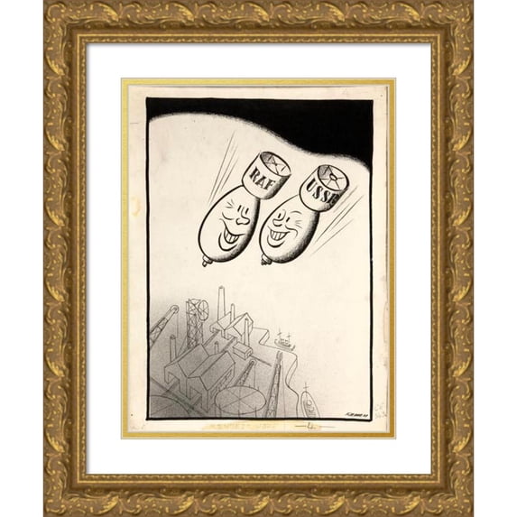 Anonymous 12x14 Gold Ornate Wood Frame and Double Matted Museum Art Print Titled - Ussr and Raf Bombs Falling Together on Factory and Docks (Between 1939 and 1946)
