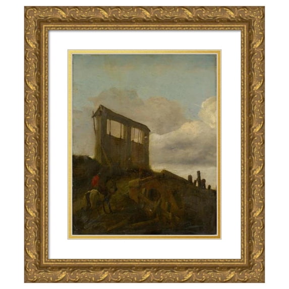 Anonymous 12x14 Gold Ornate Wood Frame and Double Matted Museum Art Print Titled - Rider in Front of a Watergate