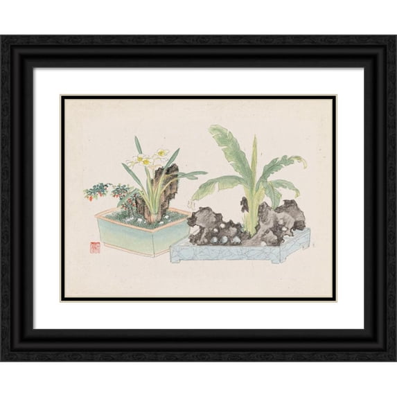 Anonymous 14x11 Black Ornate Wood Framed Double Matted Museum Art Print Titled: Bonsai Kabenzu, Pl.05 (1868-1912)