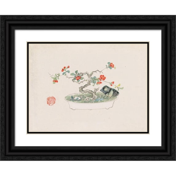 Anonymous 14x11 Black Ornate Wood Framed Double Matted Museum Art Print Titled: Bonsai Kabenzu, Pl.07 (1868-1912)