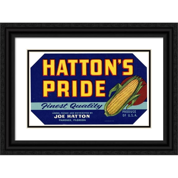 Anonymous 14x11 Black Ornate Wood Framed Double Matted Museum Art Print Titled: Hatton's Pride Corn Label (1930-1950)
