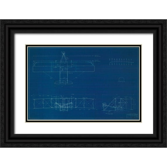 Anonymous 14x11 Black Ornate Wood Framed with Double Matting Museum Art Print Titled - Wright Brothers Plane,Blueprint