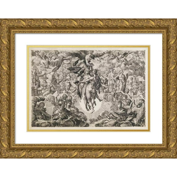 Anonymous 14x11 Gold Ornate Wood Frame and Double Matted Museum Art Print Titled - Painting, Sculpture, and Architecture, Banned by the Turks, Withdrawn to Olympus (1600 - 1699)