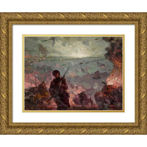 Anonymous 14x11 Gold Ornate Wood Frame and Double Matted Museum Art Print Titled - Invasion Scene in Europe (1939-1946)