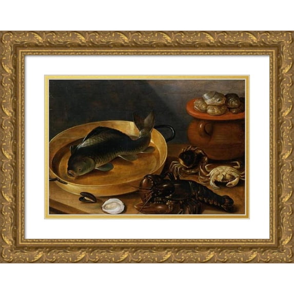 Anonymous 14x11 Gold Ornate Wood Frame and Double Matted Museum Art Print Titled - Kitchen Still Life with a Carp and Shellfish