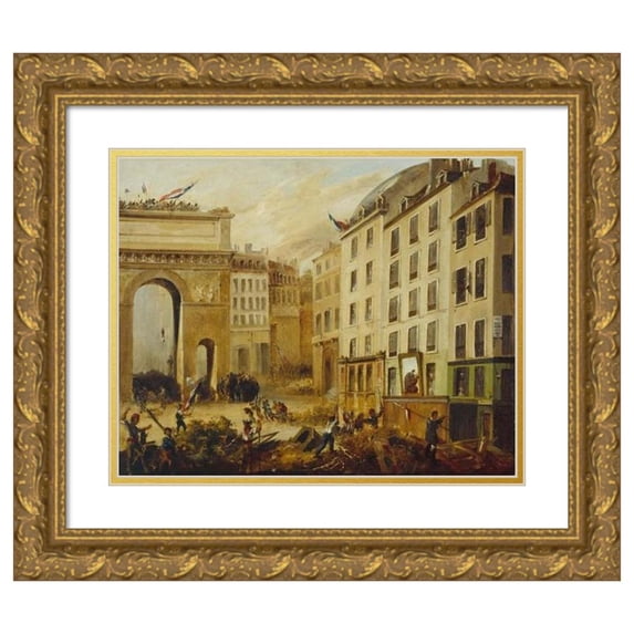 Anonymous 14x12 Gold Ornate Wood Frame and Double Matted Museum Art Print Titled - Combat Scene at Porte Saint-Martin, July 28, 1830. (1830)