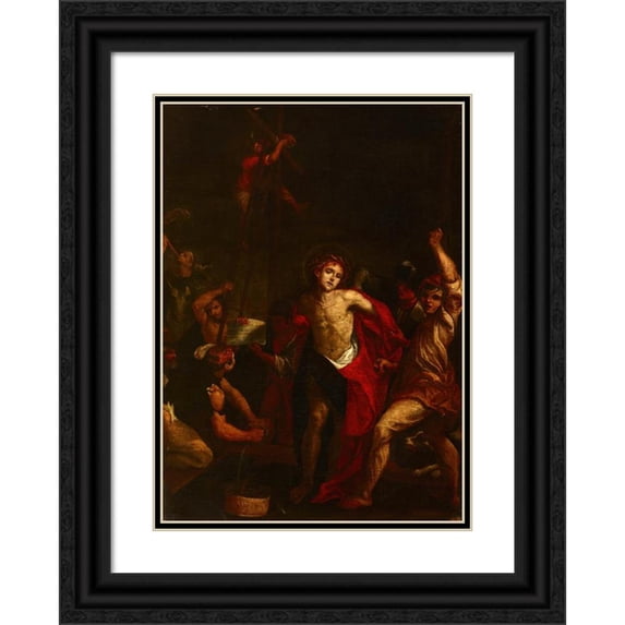 Anonymous 14x18 Black Ornate Wood Framed Double Matted Museum Art Print Titled - Tearing the Clothing of Chris - Flagellation (17th Century)