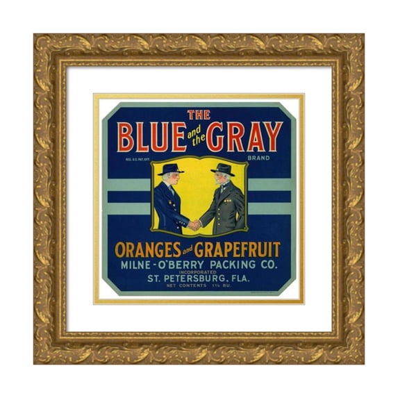 Anonymous 15x15 Gold Ornate Wood Frame and Double Matted Museum Art Print Titled - The Blue and the Gray Brand Citrus Label (1930)
