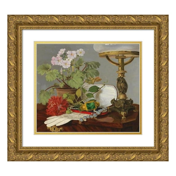 Anonymous 17x15 Gold Ornate Wood Frame and Double Matted Museum Art Print Titled - Still Life with Geraniums, Dahlias, Glace Gloves and Jewels