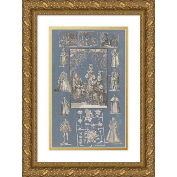 Anonymous 17x24 Gold Ornate Framed and Double Matted Museum Art Print Titled - Collage of Cut Out Prints Pasted on Blue Paper Pl 15 (1585)