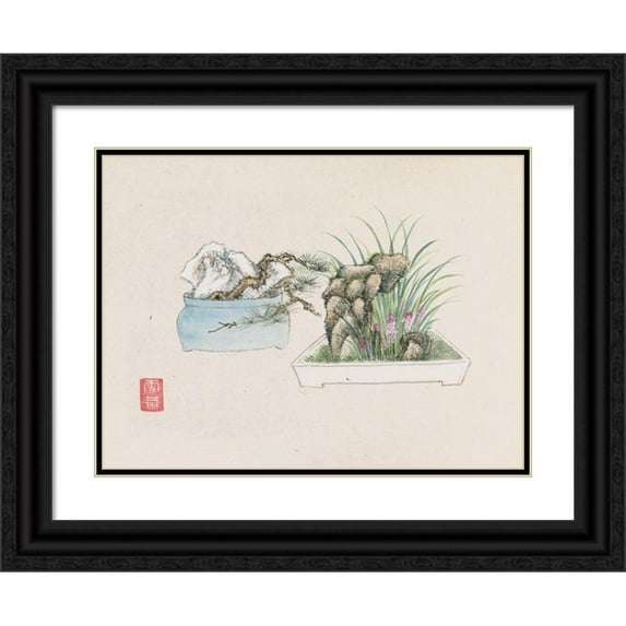 Anonymous 18x14 Black Ornate Wood Framed Double Matted Museum Art Print Titled - Bonsai Kabenzu, Pl.25 (1868-1912)