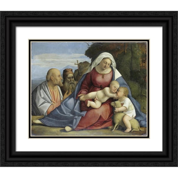 Anonymous 18x15 Black Ornate Wood Framed Double Matted Museum Art Print Titled - Madonna and Child with the Infant John the Baptist and Saints Peter and Anthony (C. 1515)