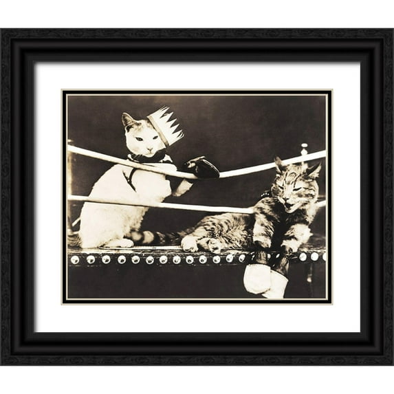 Anonymous 18x15 Black Ornate Wood Framed with Double Matting Museum Art Print Titled - Catfight