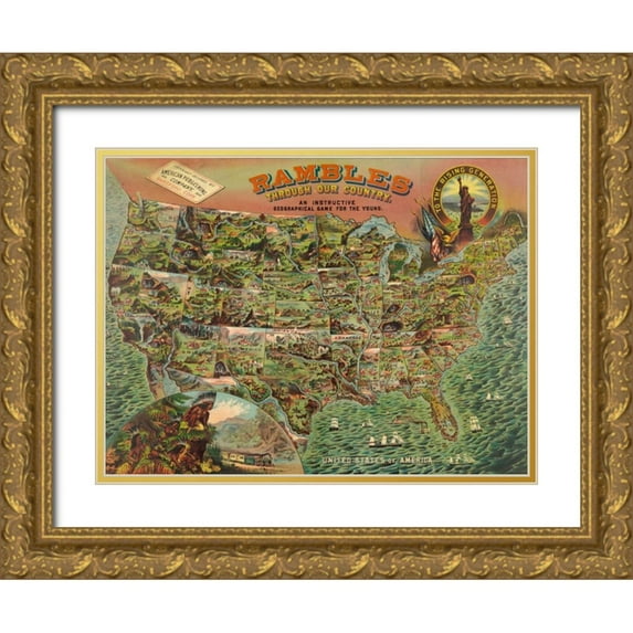 Anonymous 18x15 Gold Ornate Wood Framed with Double Matting Museum Art Print Titled - Game board with map of America, 1890