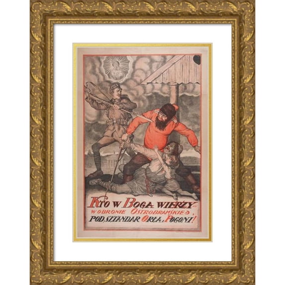 Anonymous 18x24 Gold Ornate Framed and Double Matted Museum Art Print Titled - Whoever Believes in God, in Defense of Ostrobramska Under the Banner of the Eagle, Pogoń (1920)