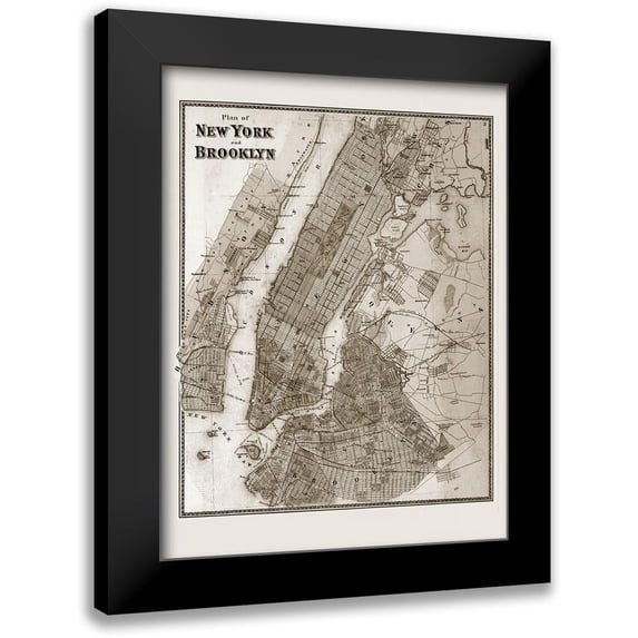 Anonymous 19x24 Black Modern Framed Museum Art Print Titled - The Plan of New York and Brooklyn, 1867