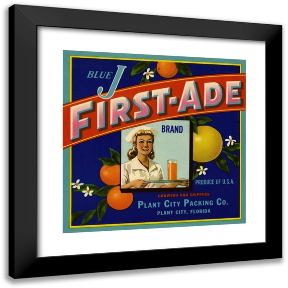Anonymous 20x20 Black Modern Framed Museum Art Print Titled - Blue J First-Ade Brand Citrus Label (1930-1950)
